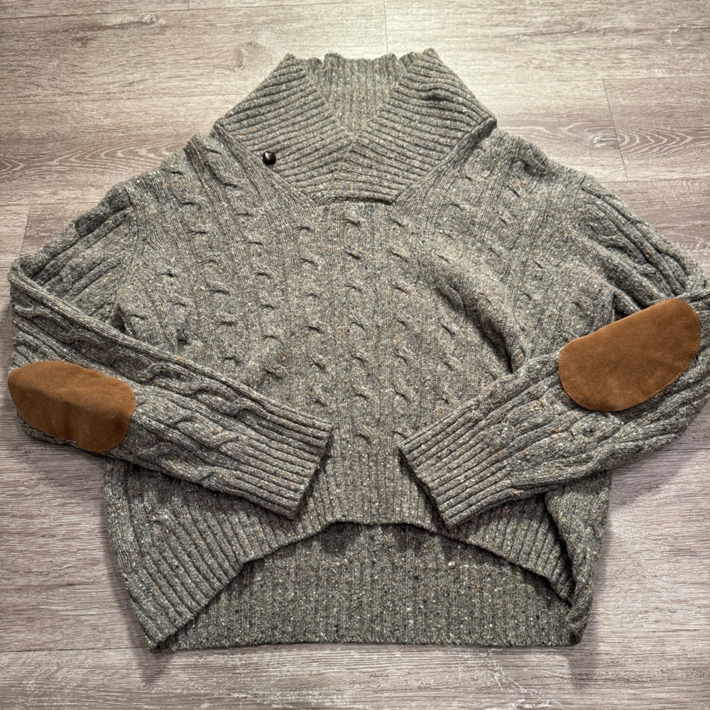 Vince Sweater Women XL Gray Wool Cable Knit Suede Elbow Patch Heritage M06117347
